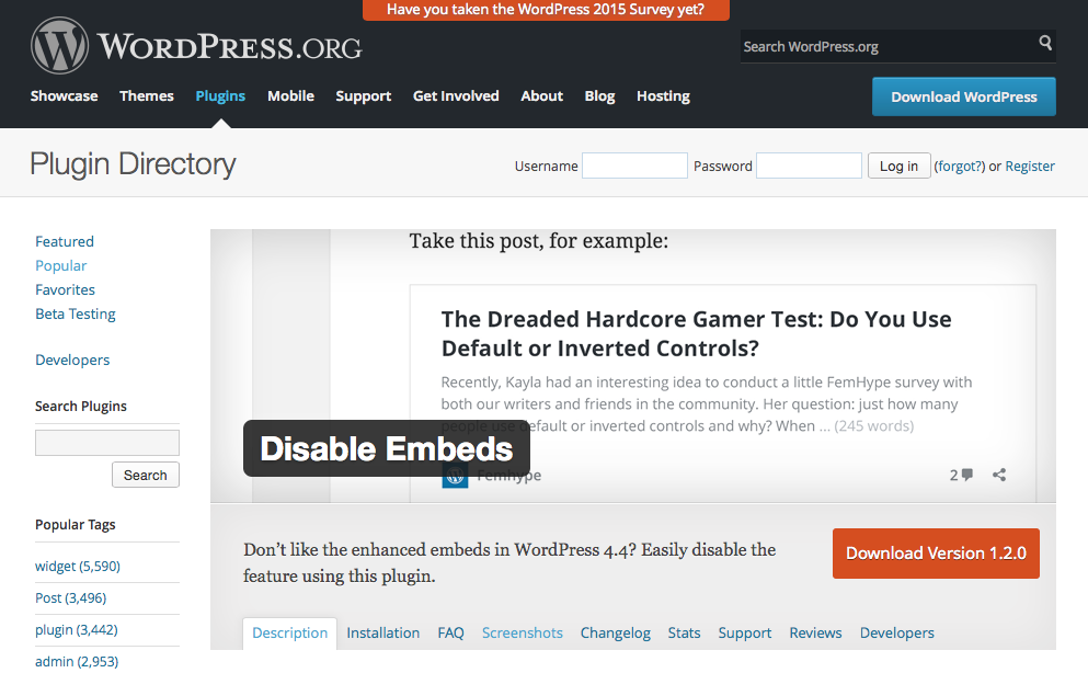 Wordpress: PlugIn Disable Embeds